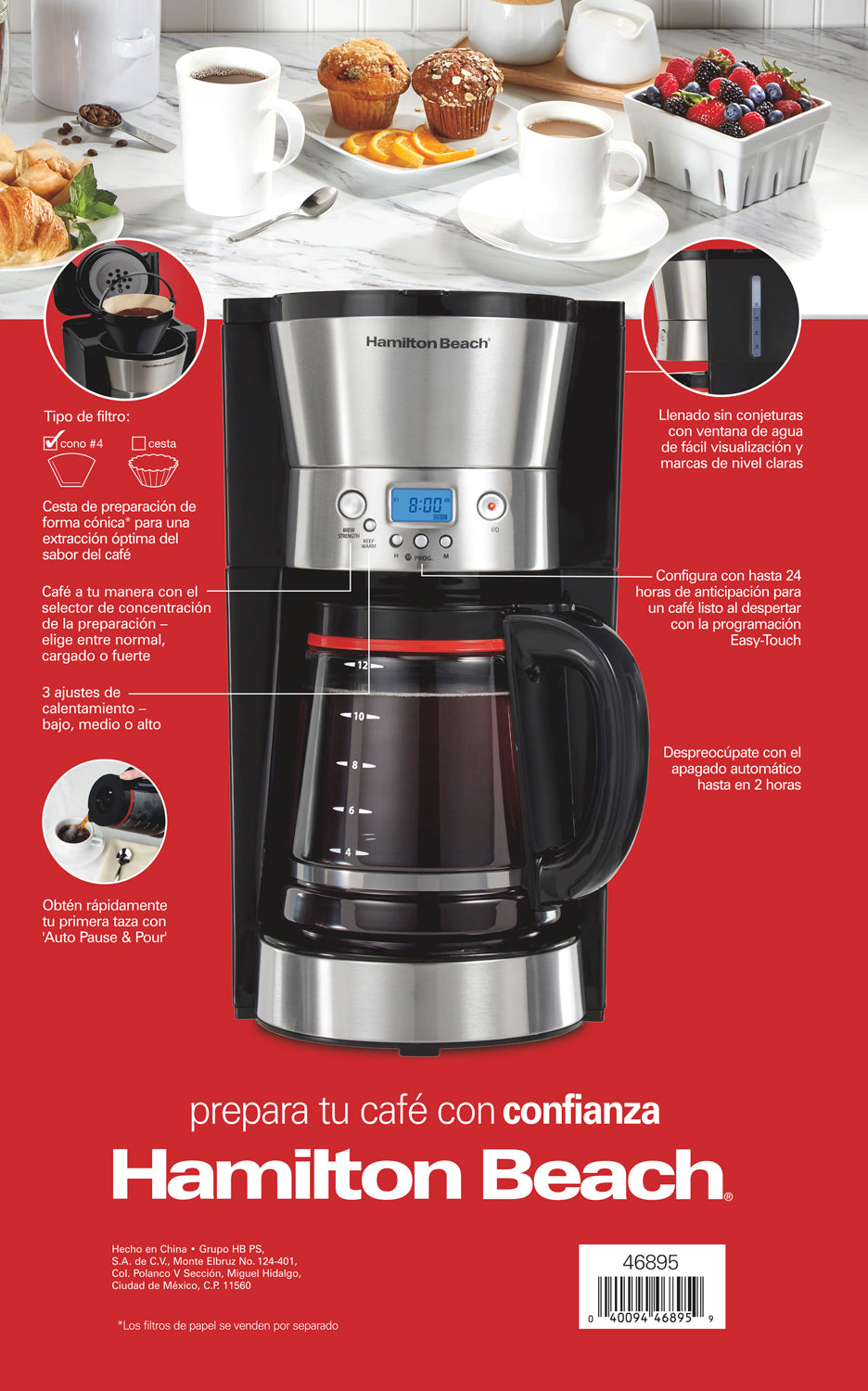 Cafetera Programable 12 tz Hamilton Beach 46895 Apagado Auto