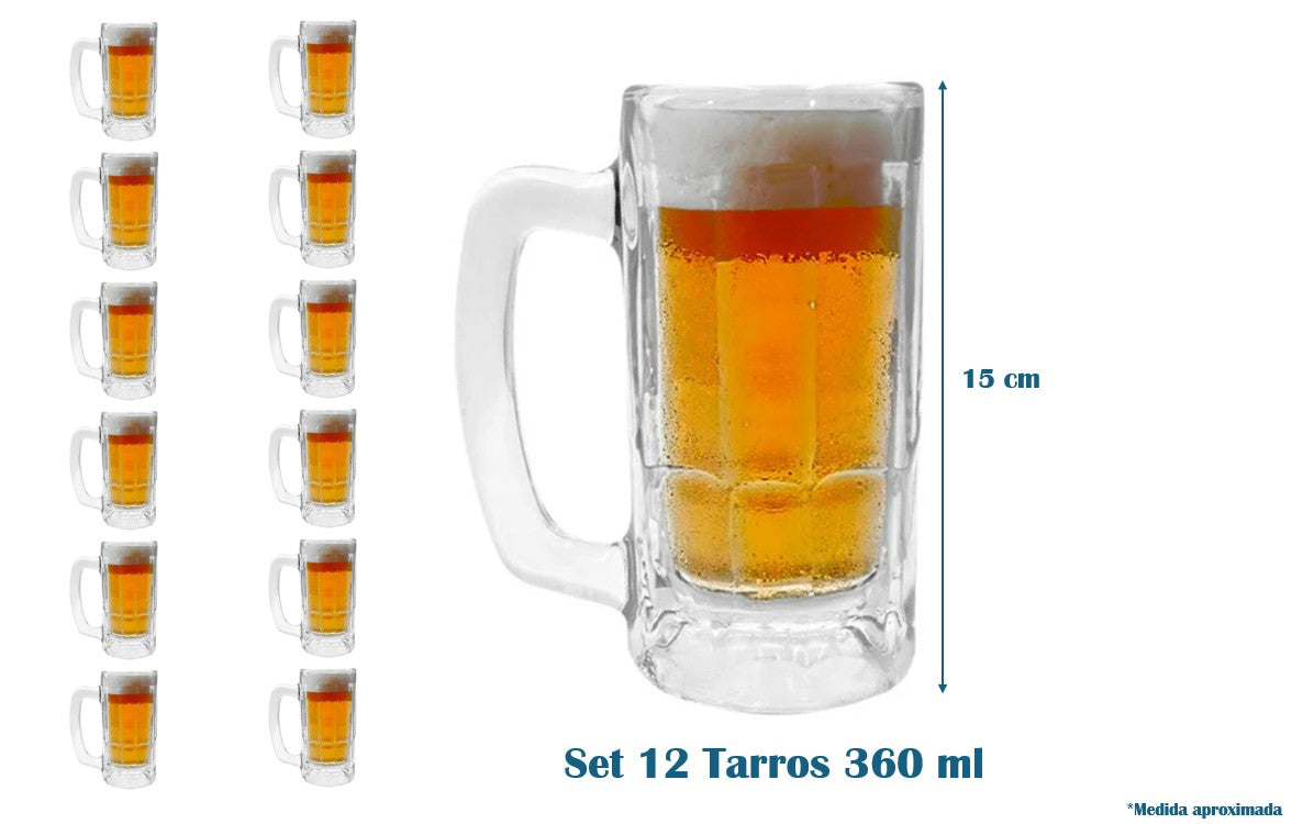 Set Pack 12 Tarros Vasos Cerveceros 360 ml Vidrio Glassia