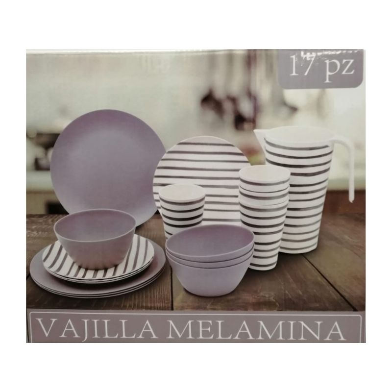 Vajilla de Melamina Rayas para 4 personas | 17 pz Fraciel